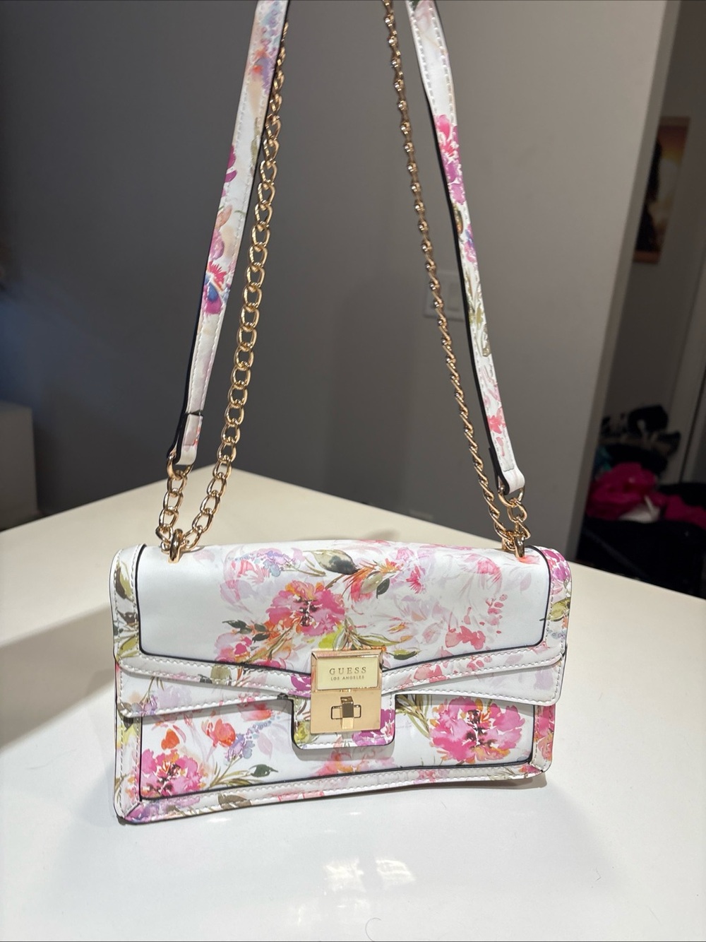 GUESS White Floral Crossbody Bag with Gold Chain